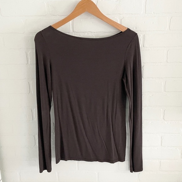 Sarah Pacini Long Sleeve top Semi-Sheer Boat neckline Taupe brown Minimalist S - Picture 8 of 8